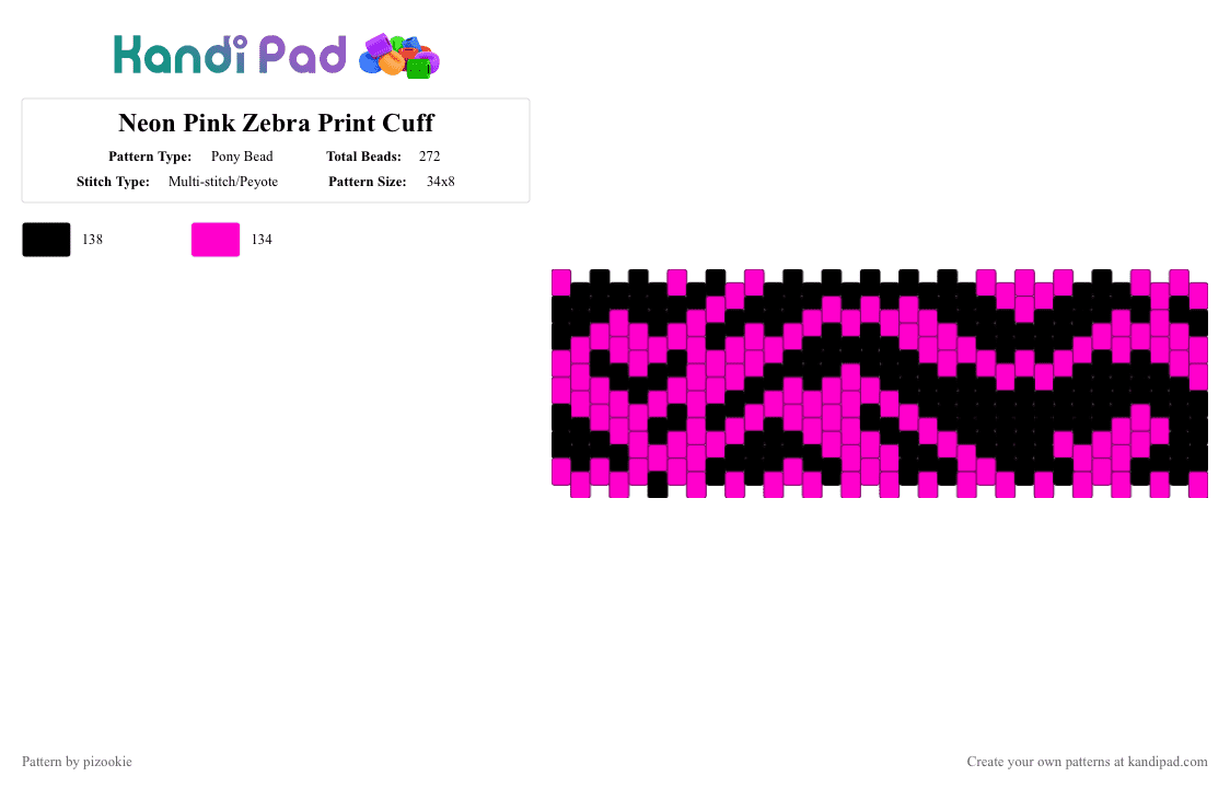 Neon Pink Zebra Print Cuff - Pony Bead Pattern by pizookie on Kandi Pad - pink,black,scene,scene kid,emo,multistitch,zebra,scenecore,animal print