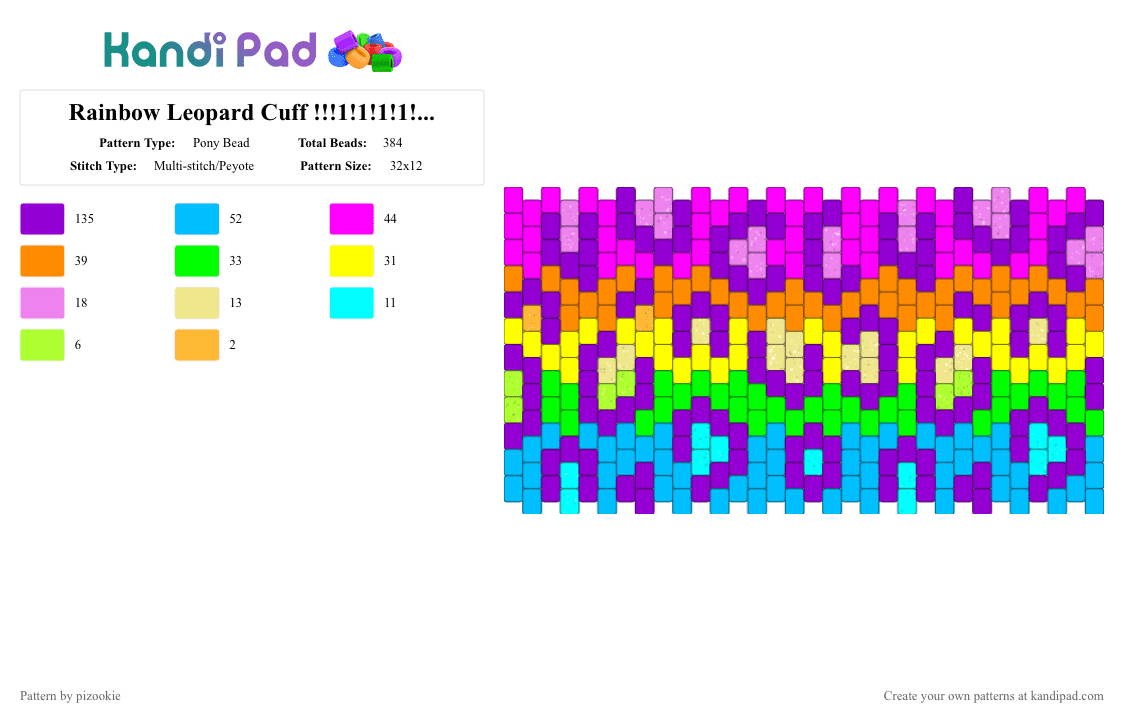Rainbow Leopard Cuff !!!1!1!1!1!!!! x3 (w/ purple !!) - Pony Bead Pattern by pizookie on Kandi Pad - pink,purple,light blue,rainbow,animal print,glitter,scene,scenecore,emo,scene kid