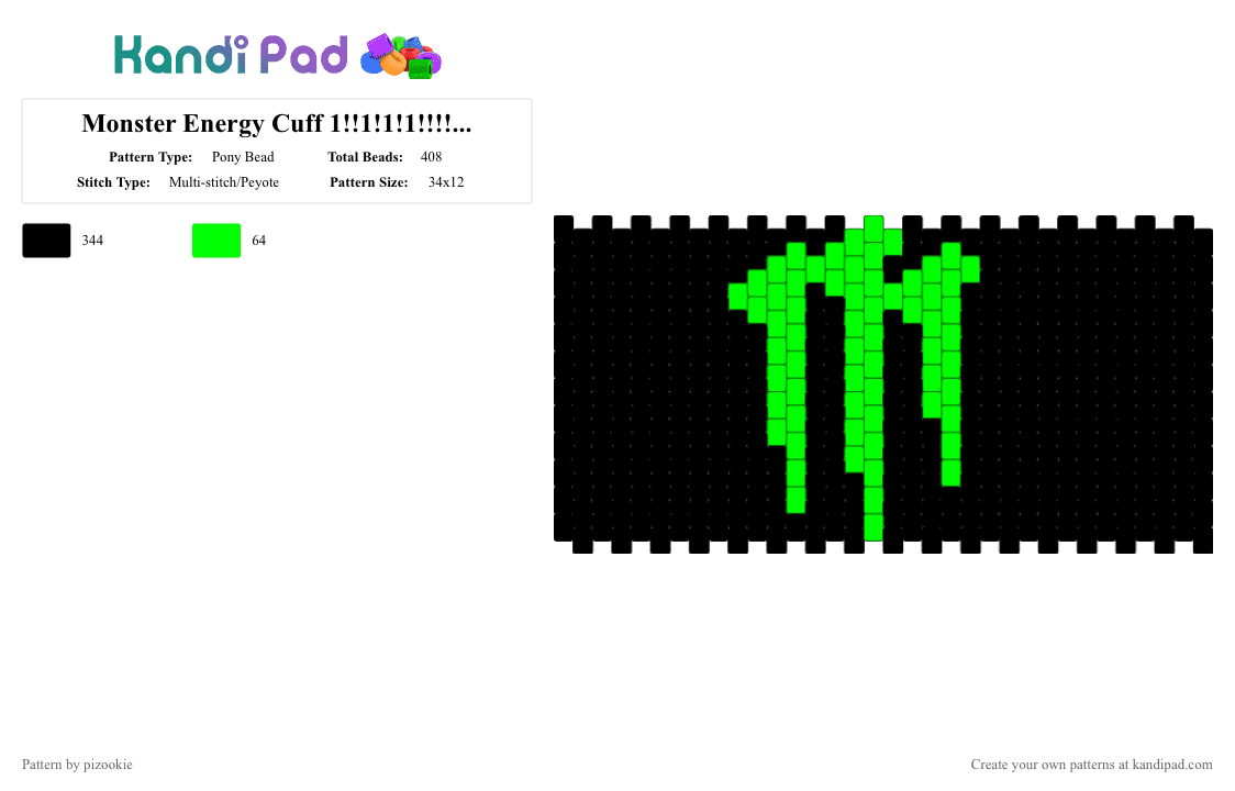 Monster Energy Cuff 1!!1!1!1!!!!! xD - Pony Bead Pattern by pizookie on Kandi Pad - black,monster,green,energy drinks,scene,scenecore,scene kid,emo