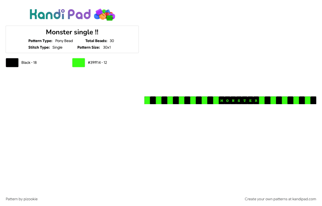 Monster single !! - Pony Bead Pattern by pizookie on Kandi Pad - black, drinks, emo, energy drinks, green, monster, monster energy, scene, scene kid, scenecore