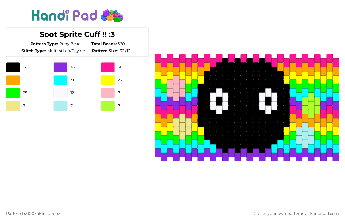 Soot Sprite Cuff !! :3 - Pony Bead Pattern by pizookie on Kandi Pad - purple,pink,yellow,light blue,soot sprite,my neighbor totoro,totoro,spirited away,rainbow,studio ghibli,ghibli,anime