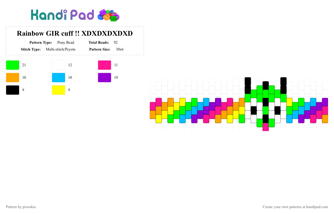 Rainbow GIR cuff !! XDXDXDXDXD - Pony Bead Pattern by pizookie on Kandi Pad - green,pink,rainbow,invader zim,gir,jhonen vasquez,emo,scene,scene kid,scenecore