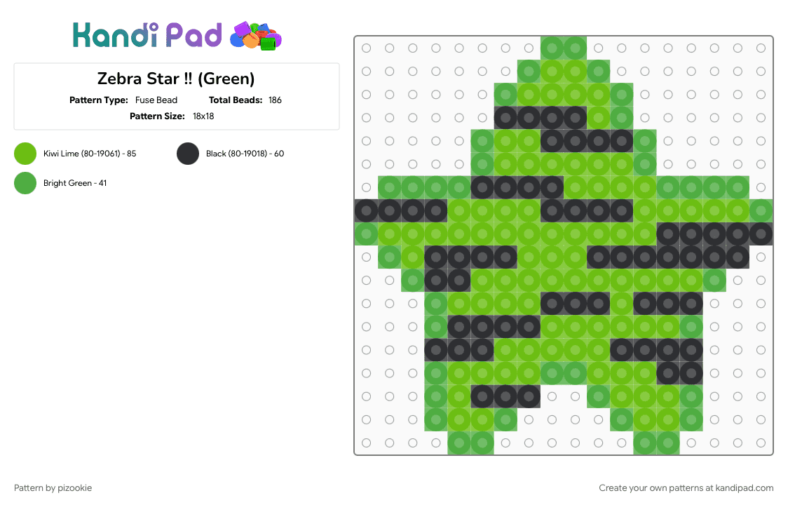 Zebra Star !! (Green) - Fuse Bead Pattern by pizookie on Kandi Pad - 2000s, animal print, black, colorful, cotdscenekidfashion, emo, green, scene, scene kid, scenecore