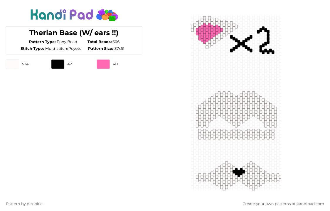 Therian Base (W/ ears !!) - Pony Bead Pattern by pizookie on Kandi Pad - white,therian,base,mask,ears,free to use,free to remix,remix