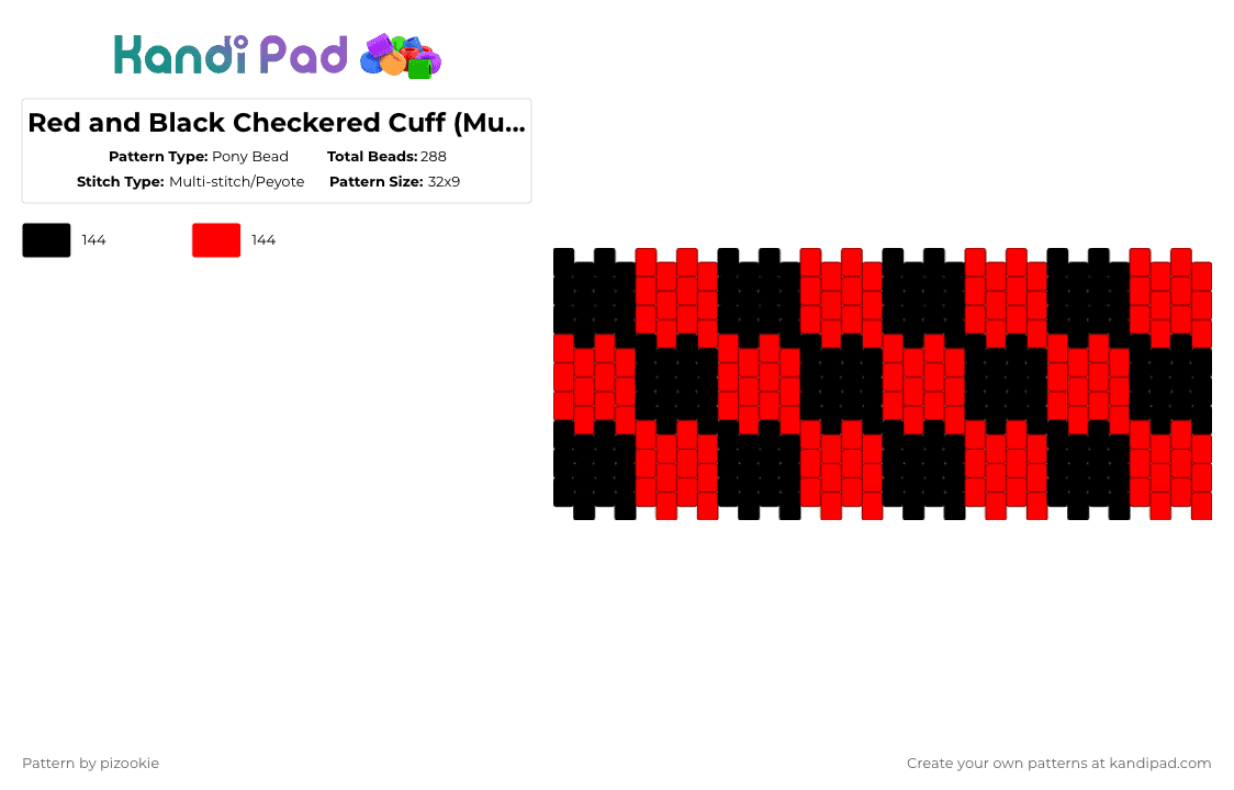Red and Black Checkered Cuff (Multistitch) - Pony Bead Pattern by pizookie on Kandi Pad - black, checkered, emo, multistitch, red, scene, scene kid, scenecore