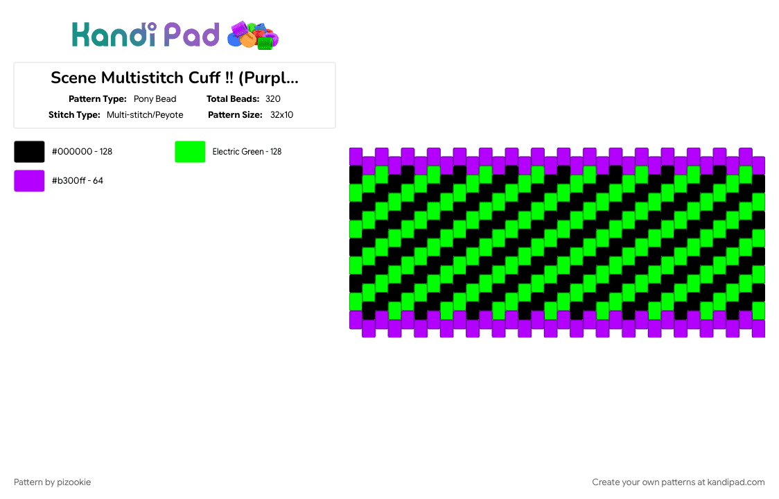 Scene Multistitch Cuff !! (Purple, Green, Black) (ver 2) - Pony Bead Pattern by pizookie on Kandi Pad - colorful, cotdscenekidfashion, emo, green, multistitch, neon, purple, scene, scene kid, scenecore