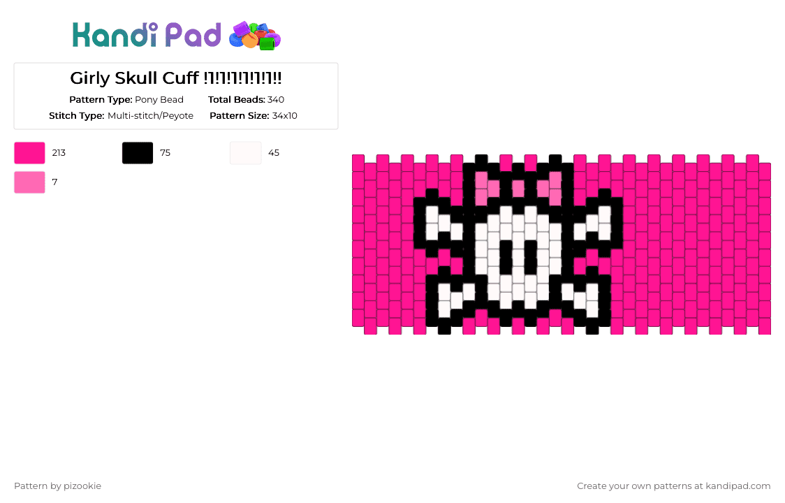 Girly Skull Cuff !1!1!1!1!1!1!! - Pony Bead Pattern by pizookie on Kandi Pad - pink,girly,spooky,skull,scene,scenecore,emo,scene kid