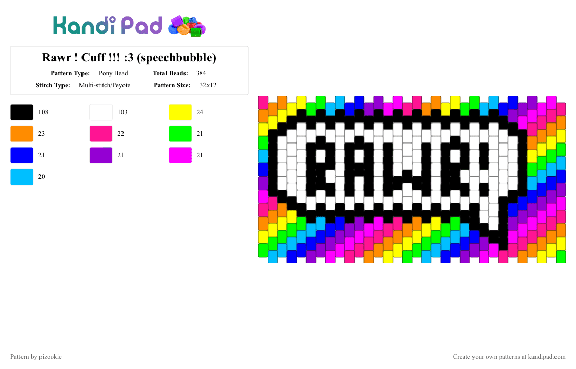 Rawr ! Cuff !!! :3 (speechbubble) - Pony Bead Pattern by pizookie on Kandi Pad - pink,purple,rawr,rainbow,neon,colorful,scenecore,scene,scene kid,emo