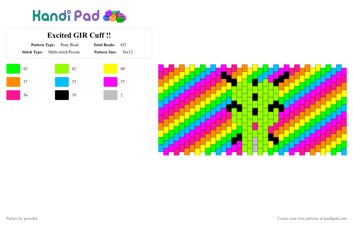 Excited GIR Cuff !! - Pony Bead Pattern by pizookie on Kandi Pad - pink,green,cotdexcitement,rainbow,gir,invader zim,scenecore,scene,scene kid,emo