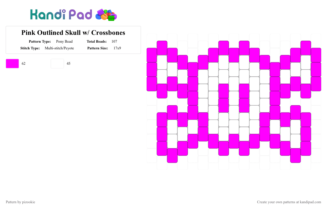 Pink Outlined Skull w/ Crossbones - Pony Bead Pattern by pizookie on Kandi Pad - pink,white,scene,scene kid,scenecore,emo,peyote stitch,skull