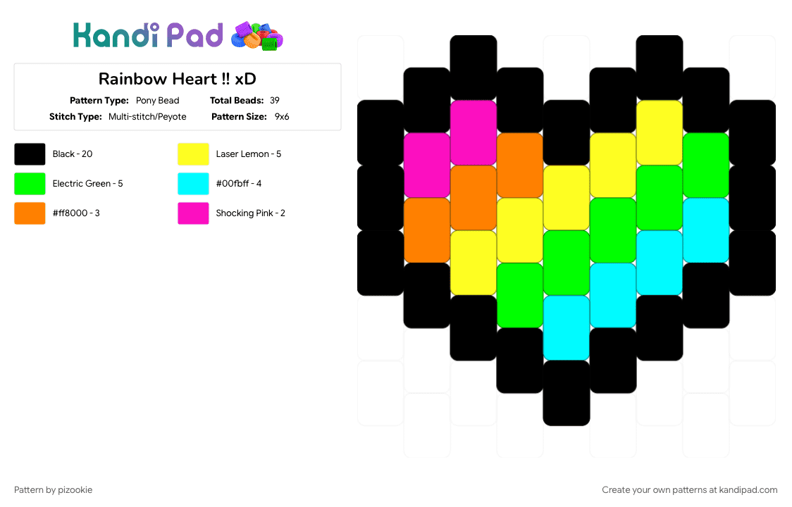 Rainbow Heart !! xD - Pony Bead Pattern by pizookie on Kandi Pad - black, colorful, emo, green, light blue, love, neon, rainbow, scene, scene kid, scenecore, yellow