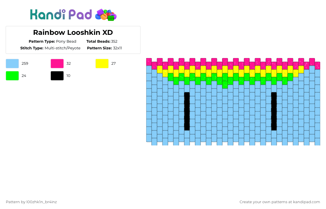 Rainbow Looshkin XD - Pony Bead Pattern by pizookie on Kandi Pad - light blue,looshkin,jamie smart,scene,emo,scenemo,cat,rainbow,bear