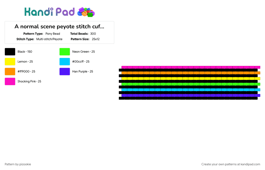 A normal scene peyote stitch cuff !! ^_^ - Pony Bead Pattern by pizookie on Kandi Pad - black, colorful, emo, neon, orange, peyote stitch, pink, rainbow, scene, scene kid, scenecore, yellow