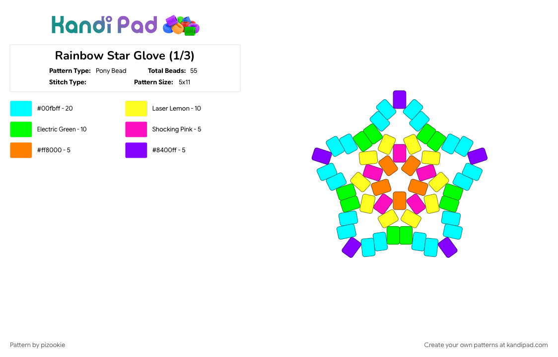 Rainbow Star Glove (1/3) - Pony Bead Pattern by pizookie on Kandi Pad - colorful, emo, green, light blue, neon, rainbow, scene, scene kid, scenecore, star, yellow