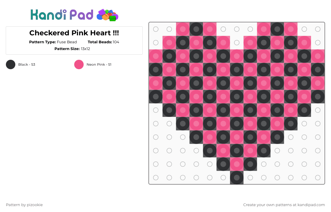 Checkered Pink Heart !!! - Fuse Bead Pattern by pizookie on Kandi Pad - pink,black,cotdhearts,scene,scenecore,scene kid,emo,heart,checkered