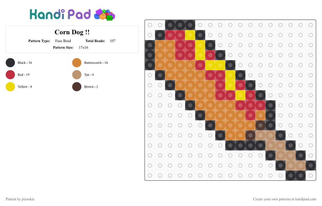 Corn Dog !! - Fuse Bead Pattern by pizookie on Kandi Pad - orange,red,cotddinnerparty,dinner,food,lunch,corn dog,corn dogs,tan,brown