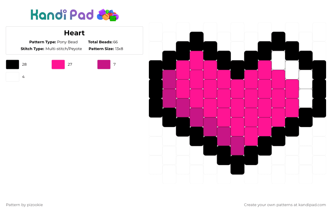 Heart - Pony Bead Pattern by pizookie on Kandi Pad - pink,cotdhearts,peyote,heart,charm,easy,beginner,hearts
