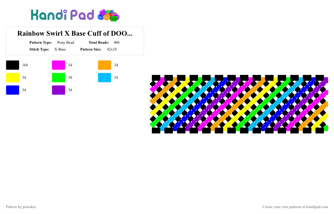 Rainbow Swirl X Base Cuff of DOOM !!!111!!! - Pony Bead Pattern by pizookie on Kandi Pad - purple,cotdswirls,rainbow,neon,colorful,scene,scene kid,scenecore,emo