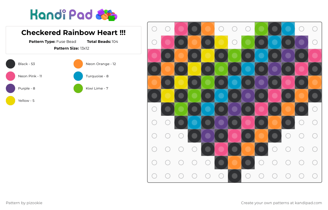 Checkered Rainbow Heart !!! - Fuse Bead Pattern by pizookie on Kandi Pad - black,orange,light blue,colorful,cotdhearts,heart,scene,emo,scenecore,scene kid,rainbow,checkered