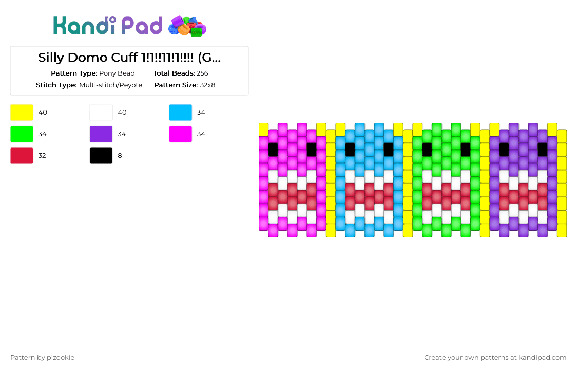 Silly Domo Cuff 1!1!!11!1!!!! (Glow in the Dark) - Pony Bead Pattern by pizookie on Kandi Pad - light blue,red,pink,colorful,rainbow,neon,glow in the dark,scene,scenecore,scene kid,emo