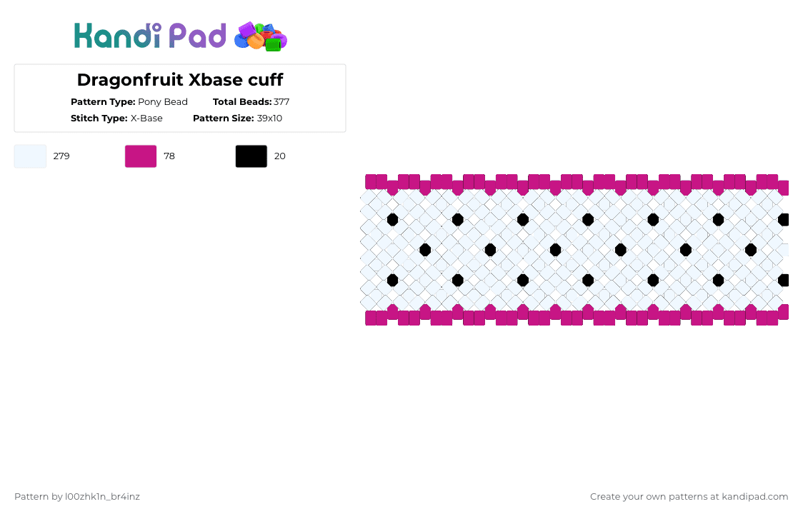 Dragonfruit Xbase cuff - Pony Bead Pattern by pizookie on Kandi Pad - white,x base,dragonfruit,fruit,fruits,pink,food
