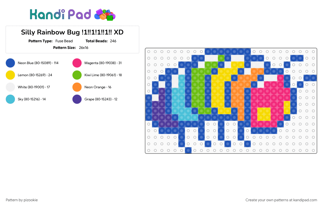 Silly Rainbow Bug !1!!1!1!!1!! XD - Fuse Bead Pattern by pizookie on Kandi Pad - blue, bugs, colorful, cotdbugs, insects, kidcore, neon, pink, rainbow, silly