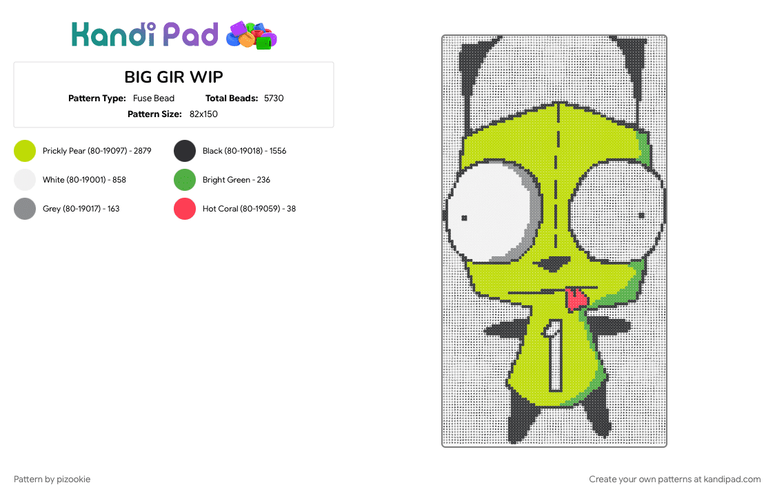 BIG GIR WIP - Fuse Bead Pattern by pizookie on Kandi Pad - cartoons, emo, gir, green, invader zim, scene, scene kid, scenecore