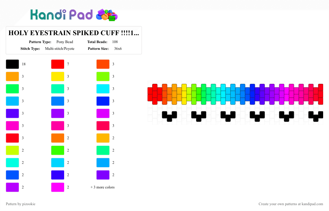 HOLY EYESTRAIN SPIKED CUFF !!!!111!!!! XD - Pony Bead Pattern by pizookie on Kandi Pad - colorful, cotdgradient, emo, light blue, pink, rainbow, red, scene, scene kid, scenecore, spiky