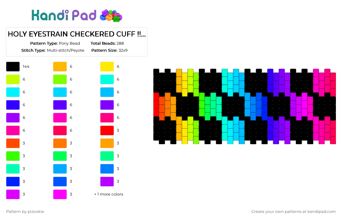 HOLY EYESTRAIN CHECKERED CUFF !!!1!1!1!1!! XDXDXDXDXD - Pony Bead Pattern by pizookie on Kandi Pad - black, checkerboard, color spectrum, colorful, emo, light blue, pink, rainbow, scene, scene kid, scenecore