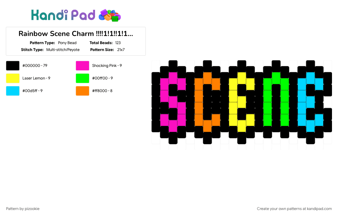 Rainbow Scene Charm !!!!1!1!!1!1!1!1!1!1! - Pony Bead Pattern by pizookie on Kandi Pad - black, colorful, cotdscenekidfashion, emo, light blue, neon, rainbow, scene, scene kid, scenecore, yellow