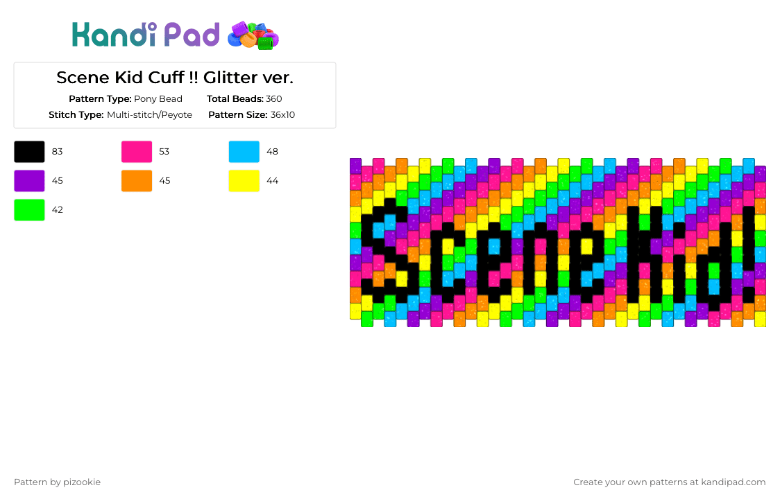 Scene Kid Cuff !! Glitter ver. - Pony Bead Pattern by pizookie on Kandi Pad - pink,yellow,colorful,glitter,rainbow,scene,scene kid,scenecore,emo,2000s,myspace