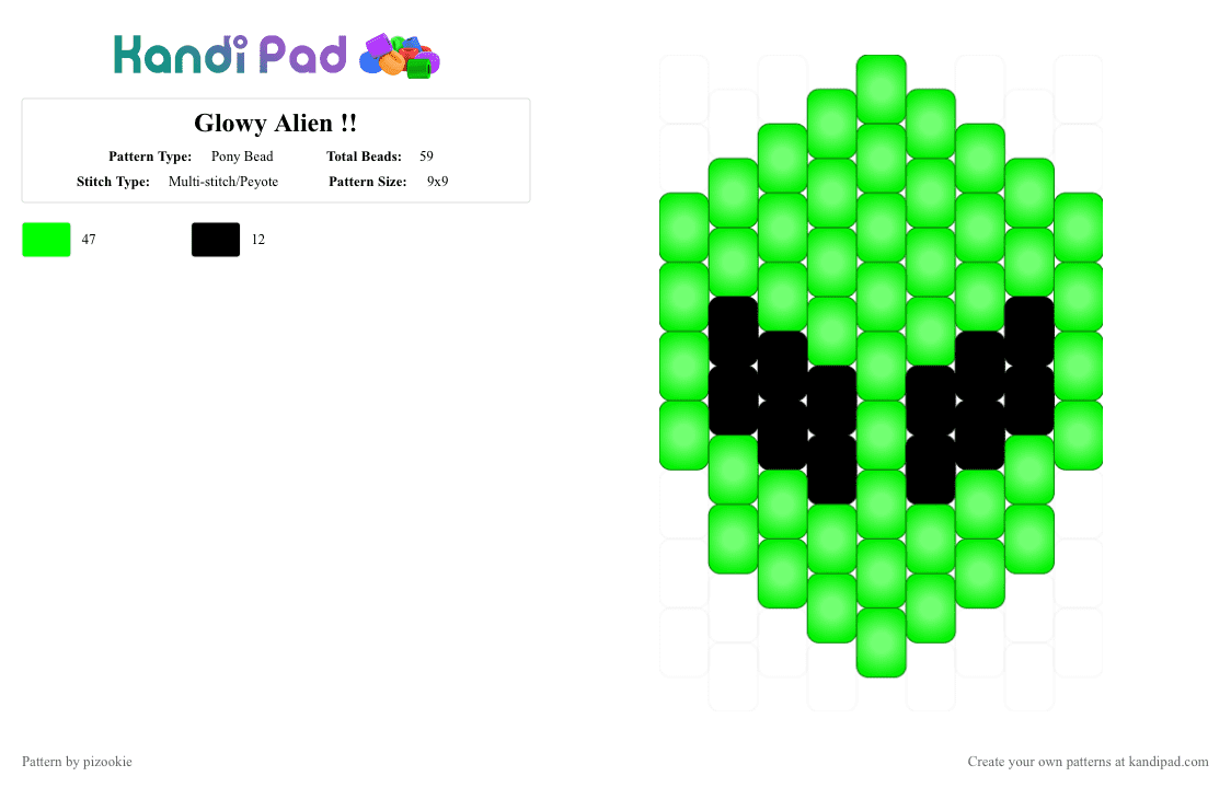 Glowy Alien !! - Pony Bead Pattern by pizookie on Kandi Pad - green,alien,cotdsciencefictionnovels,glow in the dark,space,peyote,glow,science fiction