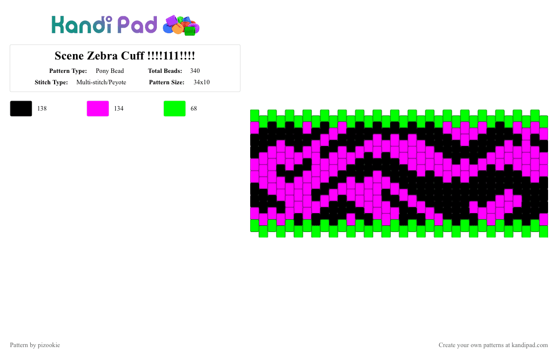 Scene Zebra Cuff !!!!111!!!! - Pony Bead Pattern by pizookie on Kandi Pad - green,pink,zebra,animal print,scene,scenecore,emo,scene kid,2000s,myspace