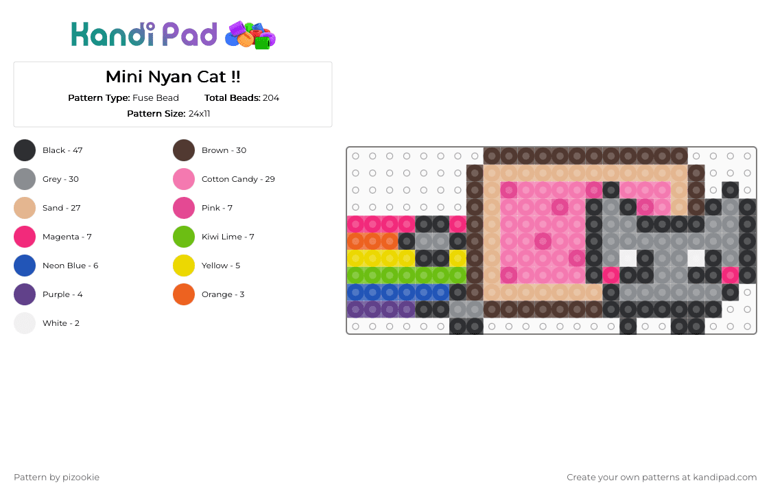Mini Nyan Cat !! - Fuse Bead Pattern by pizookie on Kandi Pad - brown,beige,pink,gray,rainbow,meme,scene,scenecore,emo,scene kid,cat,kawaii