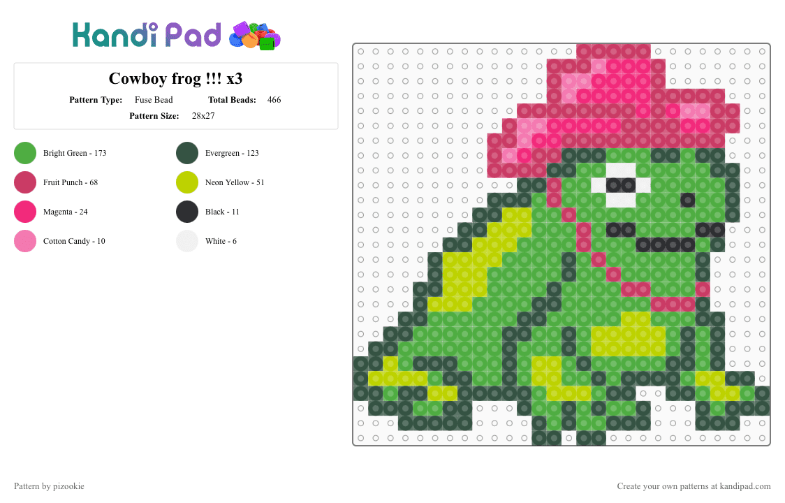 Cowboy frog !!! x3 - Fuse Bead Pattern by pizookie on Kandi Pad - green,cotdcountrymusic,frog,silly,animals,amphibians,cowboy,cute,preppy