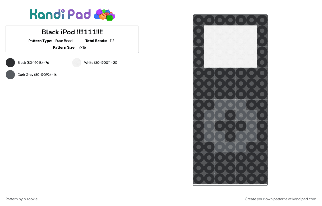 Black iPod !!!!111!!!! - Fuse Bead Pattern by pizookie on Kandi Pad - 2000s, black, cotdheadphones, emo, gray, music, myspace, scene, scene kid, scenecore, white