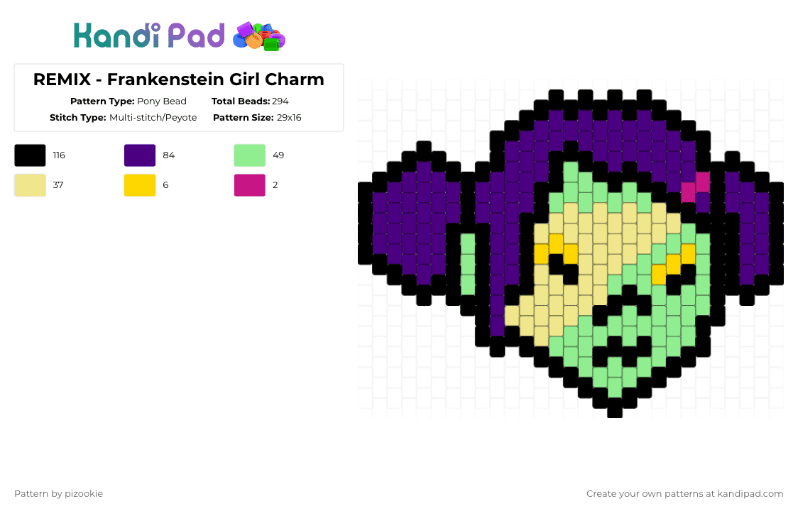 REMIX - Frankenstein Girl Charm - Pony Bead Pattern by pizookie on Kandi Pad - purple,yellow,teal,msi,mindless self indulgence,fgwsss,green,charm,scene,frankenstein