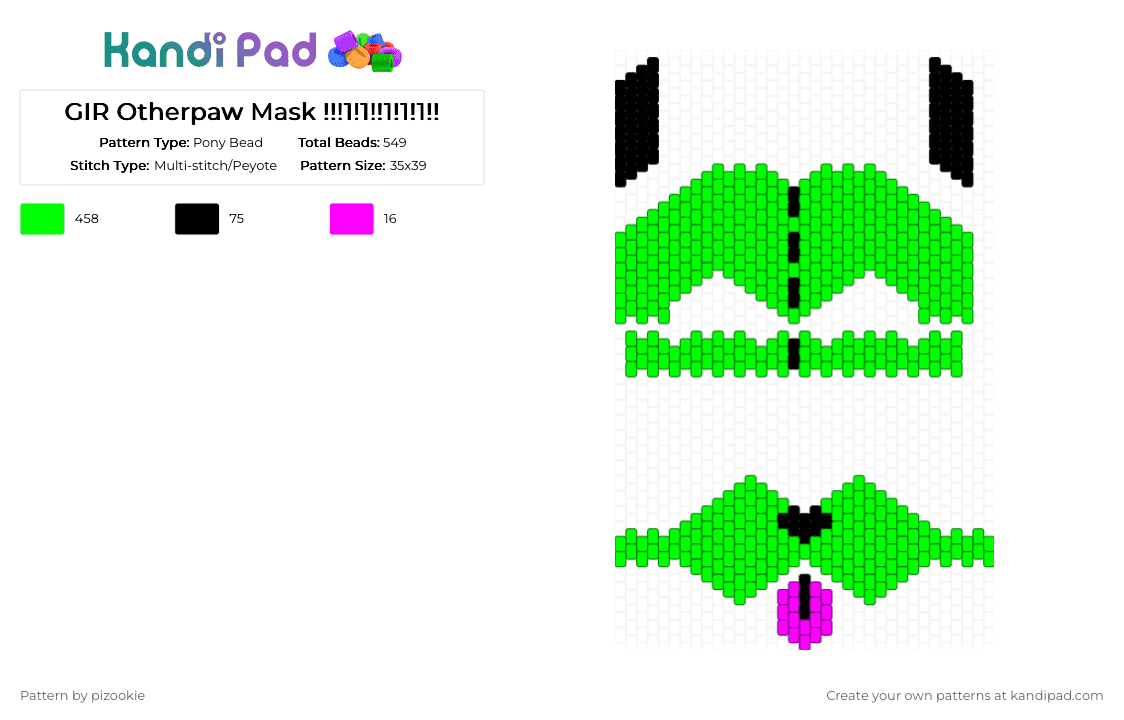 GIR Otherpaw Mask !!!1!1!!1!1!1!! - Pony Bead Pattern by pizookie on Kandi Pad - cosplay, cotdcosplay, emo, gir, green, invader zim, scene, scene kid, scenecore
