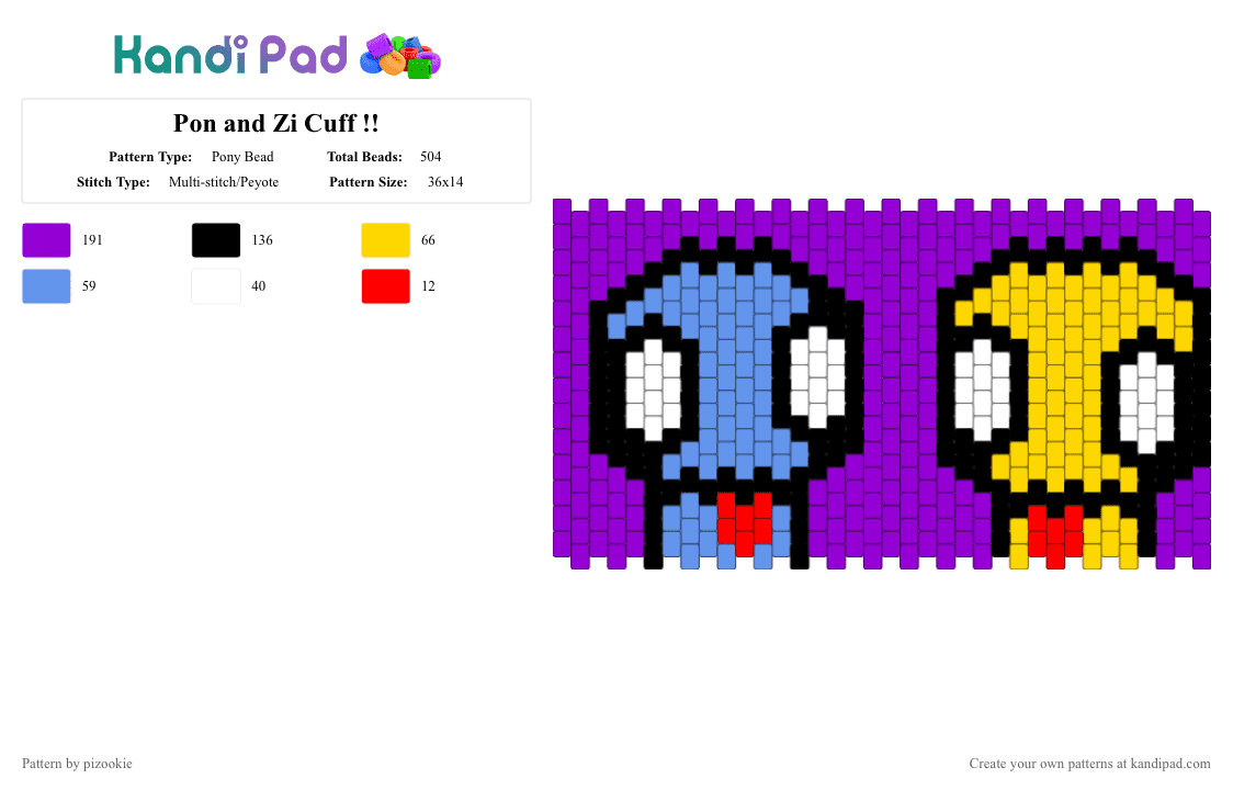 Pon and Zi Cuff !! - Pony Bead Pattern by pizookie on Kandi Pad - purple,webcomic,myspace,2000s,emo,scene,scenecore,scene kid,pon and zi