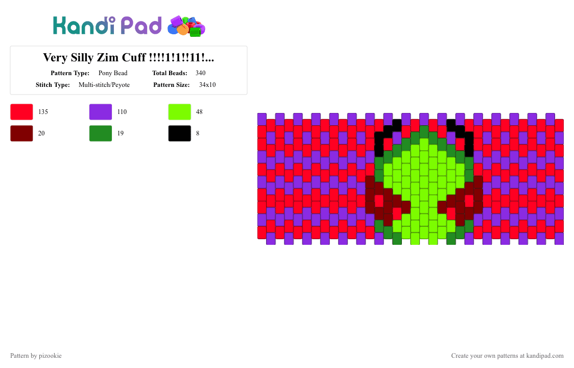 Very Silly Zim Cuff !!!!1!1!!11!!! x3 - Pony Bead Pattern by pizookie on Kandi Pad - alien, cotdaliens, emo, invader zim, jhonen vasquez, purple, red, scene, scene kid, scenecore