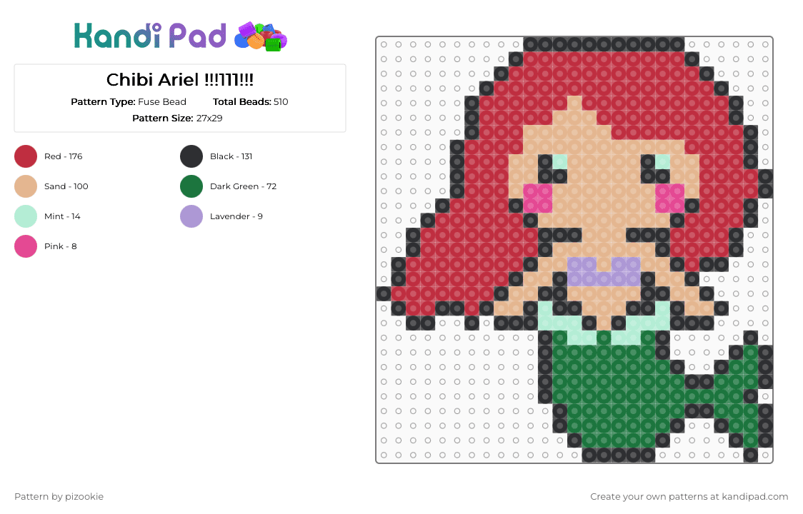 Chibi Ariel !!!111!!! - Fuse Bead Pattern by pizookie on Kandi Pad - green,beige,red,cotdmermaids,mermaids,disney,the little mermaid,ariel,movies,cute,kawaii
