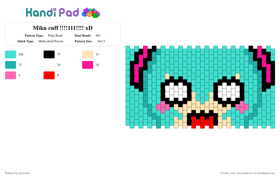 Miku cuff !!!!111!!!! xD - Pony Bead Pattern by pizookie on Kandi Pad - anime, cotdanime, cute, hatsune miku, kawaii, light blue, miku, silly, vocaloid