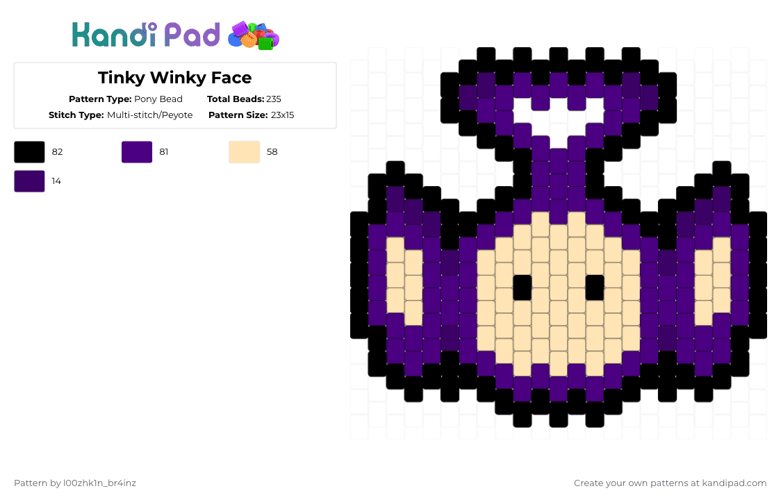 Tinky Winky Face - Pony Bead Pattern by pizookie on Kandi Pad - purple,beige,tinky winky,teletubbies,cute,pbs kids,nostalgic,kidcore,charm