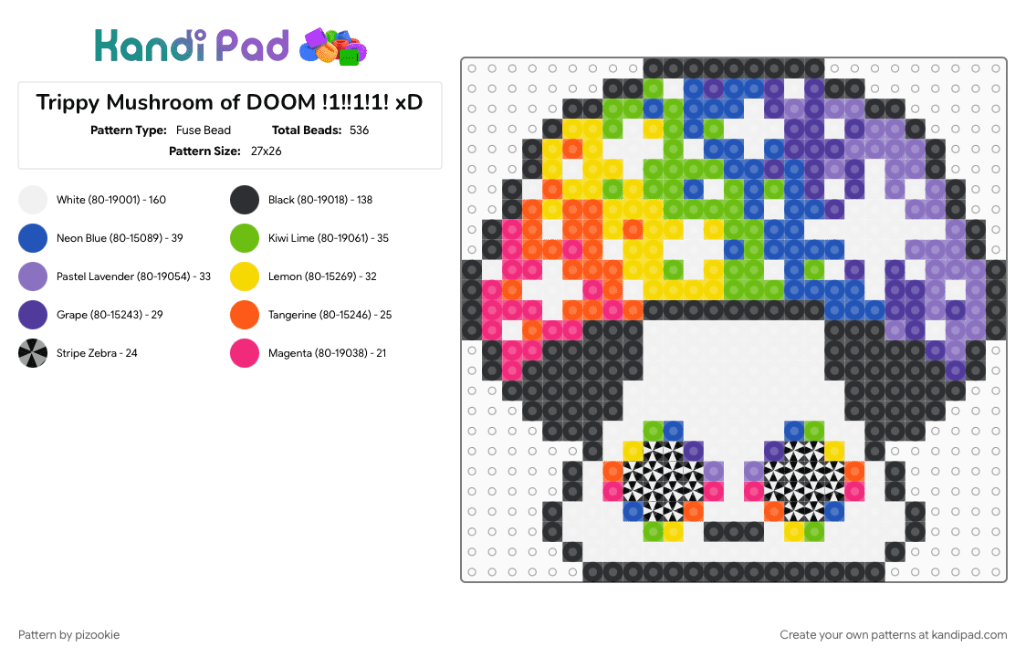Trippy Mushroom of DOOM !1!!1!1! xD - Fuse Bead Pattern by pizookie on Kandi Pad - blue, colorful, cotdmushrooms, edc, edm, green, neon, scenecore, silly, trippy, white