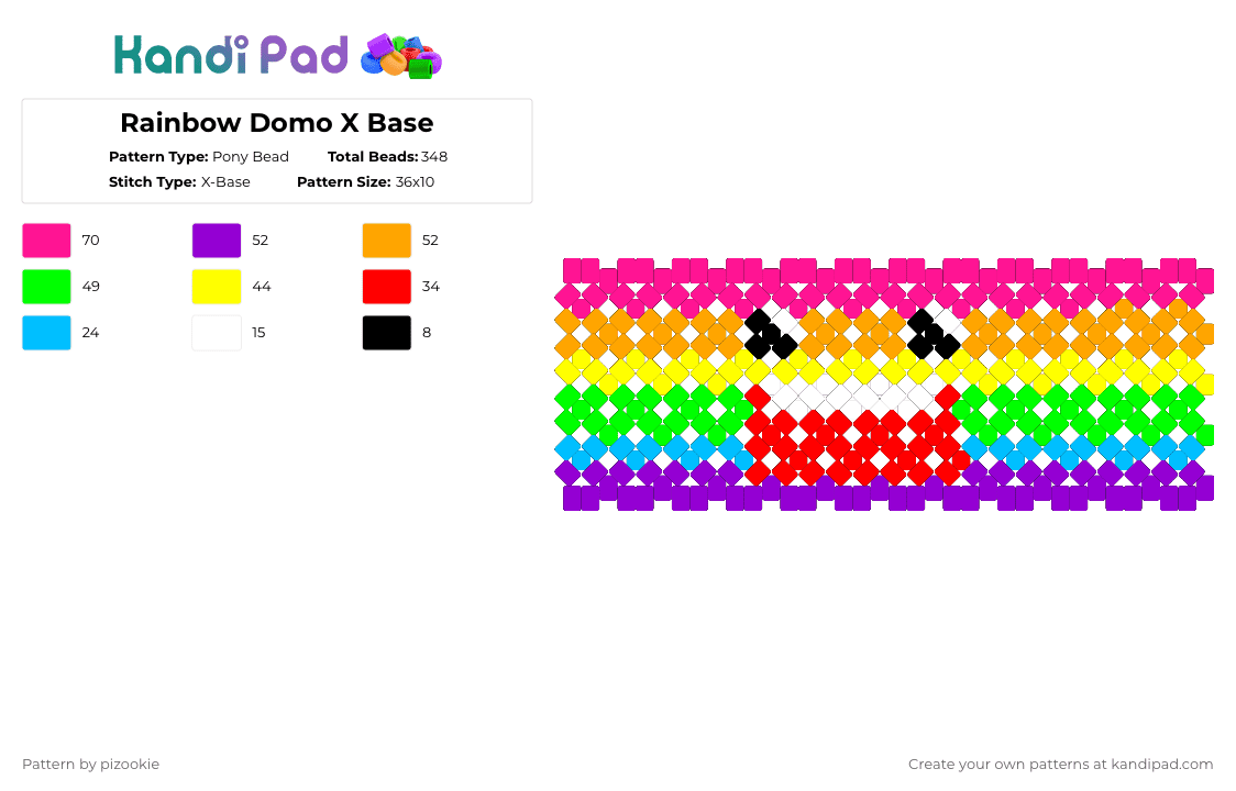 Rainbow Domo X Base - Pony Bead Pattern by pizookie on Kandi Pad - green,orange,colorful,rainbow,domo,scene kid,scene,emo,x base,cuff,monster