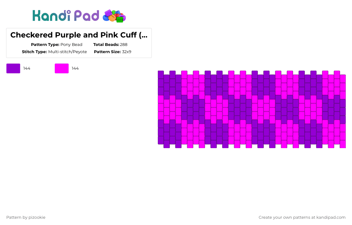 Checkered Purple and Pink Cuff (Multistitch) - Pony Bead Pattern by pizookie on Kandi Pad - purple,pink,checkered,scene,scene kid,emo,scenecore,multistitch