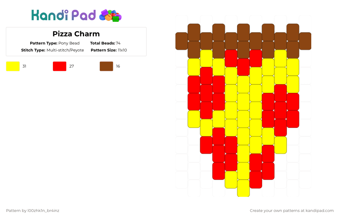 Pizza Charm - Pony Bead Pattern by pizookie on Kandi Pad - red,yellow,cotdrestaurants,restaurants,restaurant,pizza,food,charm,easy,yummy
