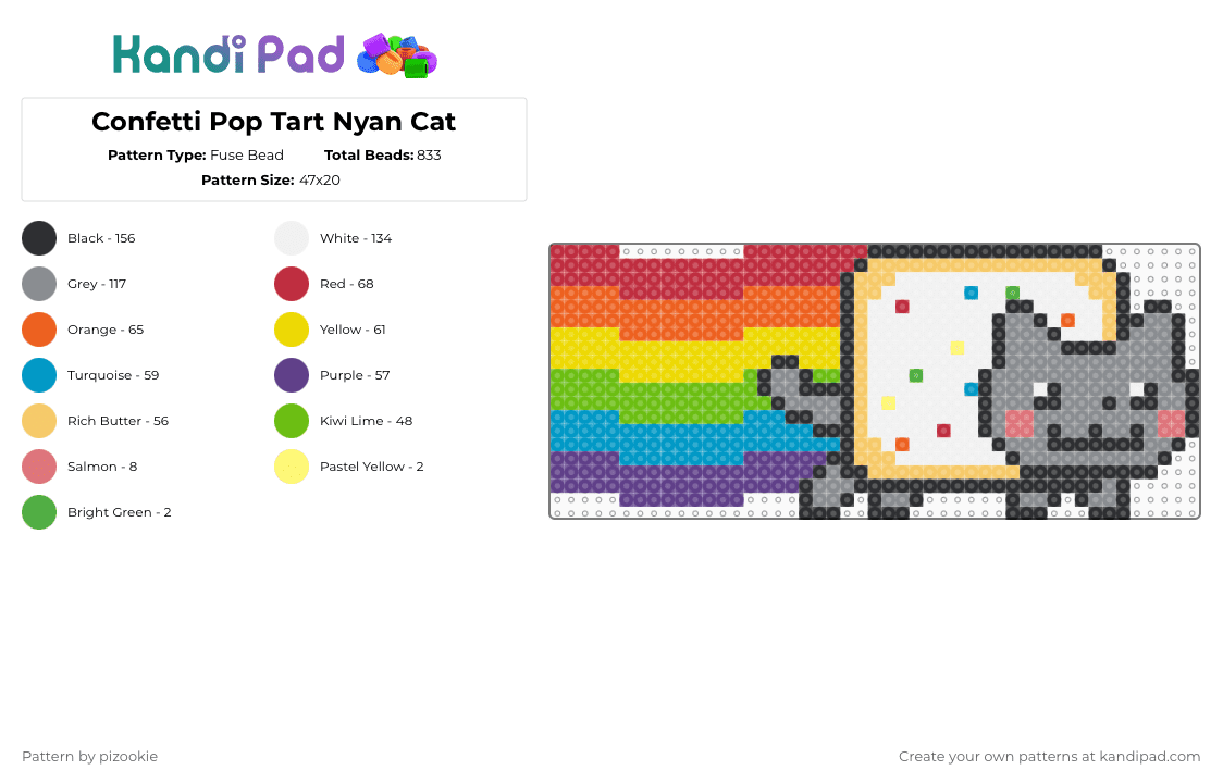 Confetti Pop Tart Nyan Cat - Fuse Bead Pattern by pizookie on Kandi Pad - gray,red,yellow,nyan cat,cat,meme,white,pop tart,food,rainbow,breakfast