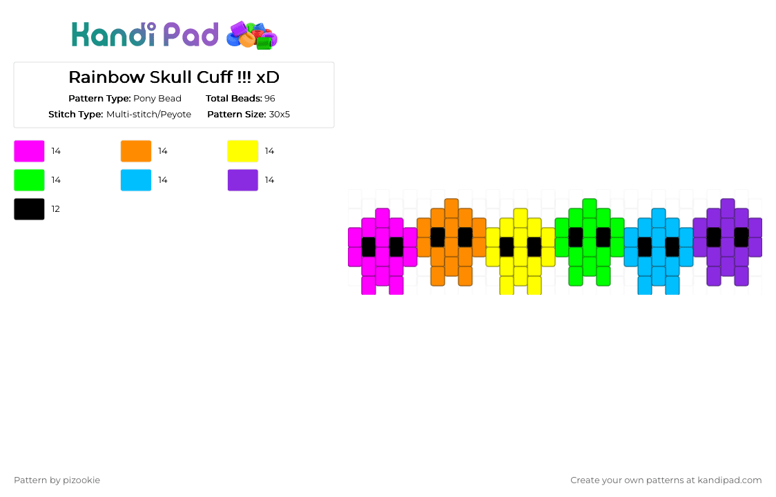 Rainbow Skull Cuff !!! xD - Pony Bead Pattern by pizookie on Kandi Pad - orange,green,purple,colorful,rainbow,skull,spooky,scene,scenecore,emo,scene kid