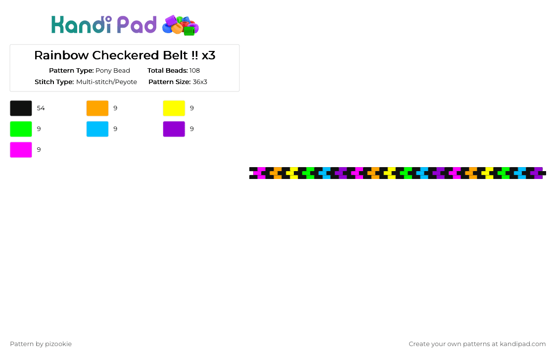 Rainbow Checkered Belt !! x3 - Pony Bead Pattern by pizookie on Kandi Pad - black, colorful, emo, light blue, neon, peyote stitch, pink, rainbow, scene, scene kid, scenecore, yellow